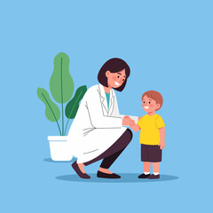 Female Doctor in a Clinic Crouching to Greet a Little Boy Patient.