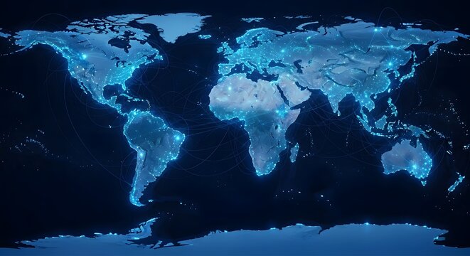 Illuminated World Map AStunning Visualization Of Global Connectivity,Showcasing Intertwined Continents And Brimming With Light