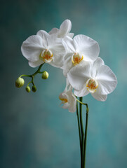 A white phalaenopsis orchid before a light turquoise background