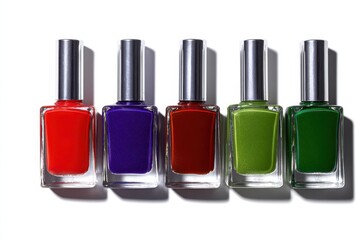 Row of Colorful Nail Polish Bottles on White Background with Shadows