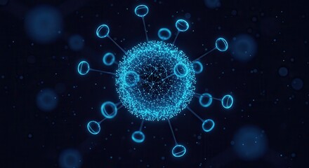 A detailed digital illustration of a virus cell, showcasing its structure and potential impact on health and research