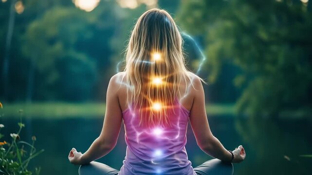 Woman meditating with glowing energy aura by serene lake in nature  