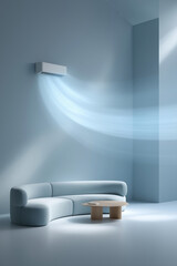 Modern living room with curved sofa. Soft blue tones and air conditioning unit mounted on wall