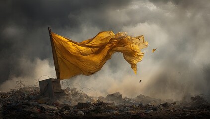 A vibrant yellow flag billows dramatically in a dramatic sky over a landfill