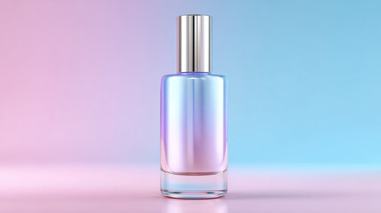 Iridescent skincare bottle with silver cap on pastel pink and blue background