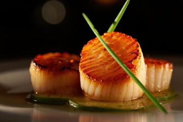 Gourmet pan seared scallops with chives and sauce