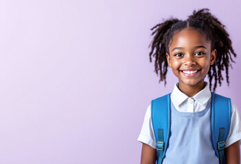 Smiling black schoolgirl with school backpack on light purple background with copy space for text, joyful education concept of childrens brands, youth, back to school