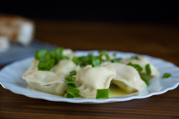 Hot dumplings in a plate with onions on a dark background