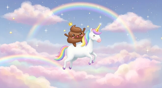 A cartoon unicorn carries a crowned poop emoji through a pastel sky under a rainbow