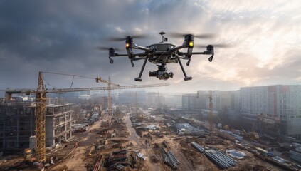 Fototapeta premium Drone surveying a construction site at dawn