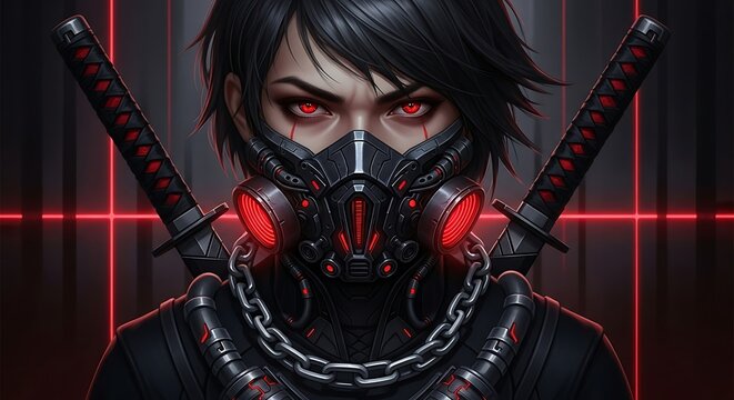 Cyberpunk warrior with glowing red eyes and gas mask