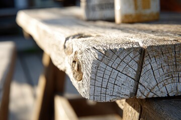 Close-up of weathered wooden picnic table corner