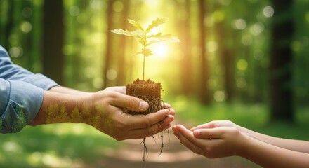 Hands holding a young plant with roots being passed from one generation to another
