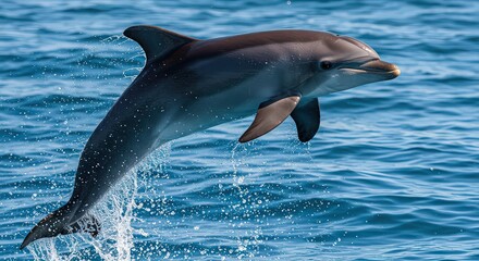 Fototapeta premium A dolphin leaps from the ocean with water droplets surrounding it in a clear blue sea background