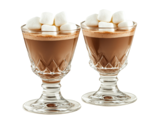Two glasses of hot chocolate topped with marshmallows isolated on white background