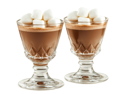 Two glasses of hot chocolate topped with marshmallows isolated on white background - Powered by Adobe