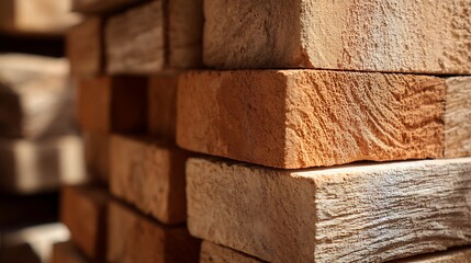Stacked Red Bricks with Rough Texture in Warm Sunlight