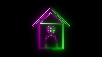 A glowing neon home icon in bright blue and purple hues, featuring a simple house outline, symbolizing comfort, security, navigation, and the concept of returning home.
