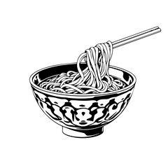 Asian Noodle Bowl: Monochrome Illustration With Chopsticks And Intricate Decorative Patterned Bowl