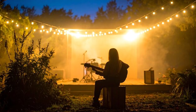 Outdoor Concert Silhouette with String Lights, Musician Playing Guitar in Smoky Venue at Night