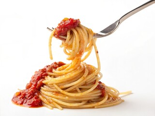 Illustration of spaghetti with tomato sauce on a fork isolated on white background