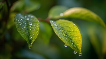 Vibrant green leaves glistening with water droplets, capturing the essence of morning dew or recent rainfall