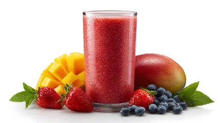 A refreshing and vibrant fruit smoothie, a visual treat with an array of fresh fruits. Including Mango, Strawberry, and blueberry