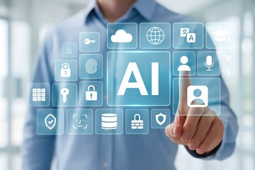 A person interacts with a futuristic interface displaying various symbols related to artificial intelligence and security.