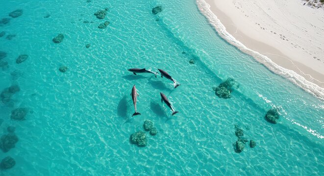 Aerial view of dolphins swimming in turquoise water near a white sand beach with coral reefs visible - Powered by Adobe