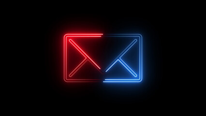 Fototapeta premium A glowing neon email icon in bright blue and pink hues, featuring an envelope design, symbolizing digital communication, modern connectivity, and fast electronic message exchange. 