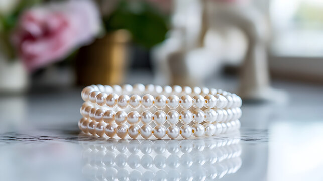 una pulsera o collar de perlas preciosas elegantes finas y exclusivas dise&ntilde;o de elegancia sobre una mesa de marmol dise&ntilde;o con estilo de joyeria