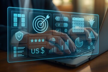 Hands interacting with a glowing holographic interface displaying business metrics and objectives, showcasing a dynamic and productive workflow.