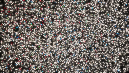 A dense field of luminous, static blinking dots creates a beautiful, colorful bokeh effect. Glitter particles in red, blue, and green shimmer against a dark background, perfect for celebrations. Alpha
