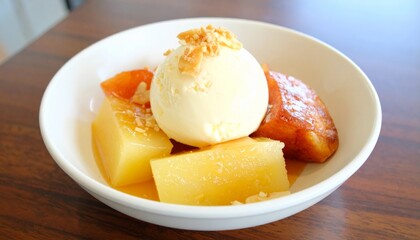 A delicious gourmet dessert bowl featuring a scoop of smooth vanilla cream ice cream served with caramelized pineapple and poached fruit.