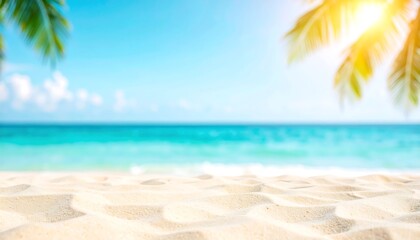 Fototapeta premium Serene beach scenery with palm trees in summer, Relaxing tropical paradise at sea with turquoise water and white sand, perfect for vacation