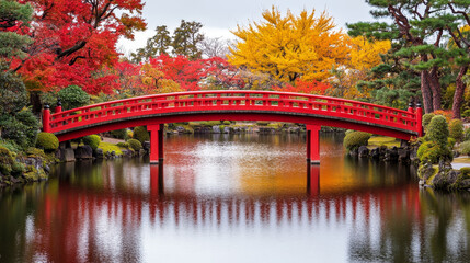 Vibrant Japanese garden in autumn with a classic red bridge over reflective water. Colorful foliage creates a picturesque and serene landscape.