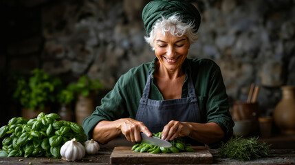 A woman in an apron cutting up basil on a cutting board