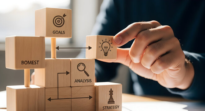 sukses, satu langkah strategis pada satu waktu, dengan analisis dan inovasi