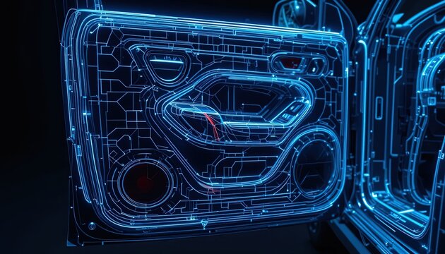 A futuristic car door design is highlighted by glowing, intricate circuit patterns.