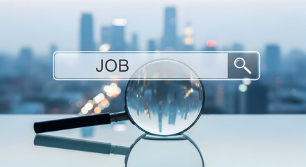 Discover your dream career using a magnifying glass over a search bar with city skyline background