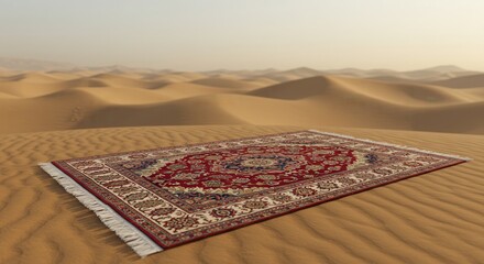 A magic carpet resting on the golden sand dunes of the arabian desert, inviting a journey of travel and adventure across the exotic landscape