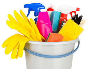 Organized Cleaning Supplies in Container, Transparent Background PNG
