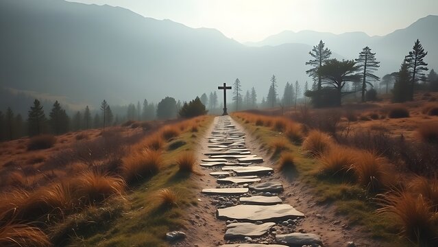 A diverging trail in a serene landscape symbolizes choices and exploration.