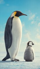Fototapeta premium Majestic penguin and chick on icy landscape
