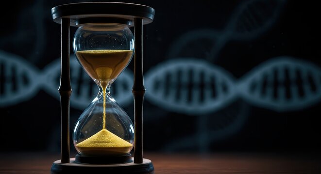 An hourglass with sand flowing, set against a dna strand backdrop, symbolizes time, science, and the genetic code of life