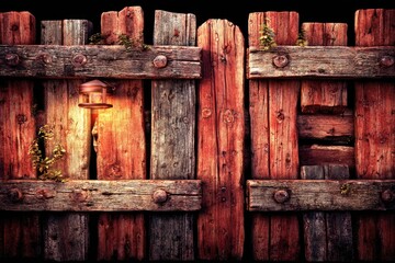 Aged wooden fence with a warm lantern