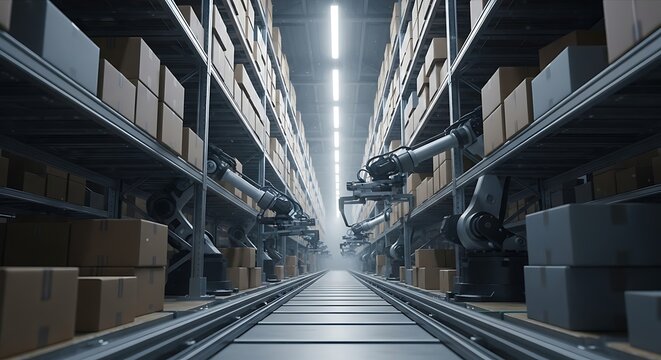 Automated Warehouse with Robotic Arms and Conveyor Belt System