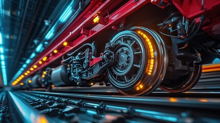 Close-up train wheel, vibrant colors, industrial setting