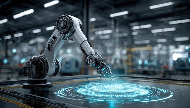Robotic arm interacts with a holographic display in a factory - Powered by Adobe