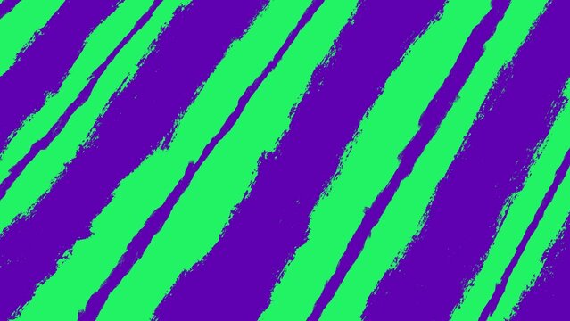 Abstract texture with vibrant green and purple diagonal paint brush strokes. This modern, grunge-style looping motion graphic background is ideal for use in various video projects.